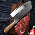 40cr13 forged stainless steel kitchen knife with a 320mm blade on a kitchen counter.