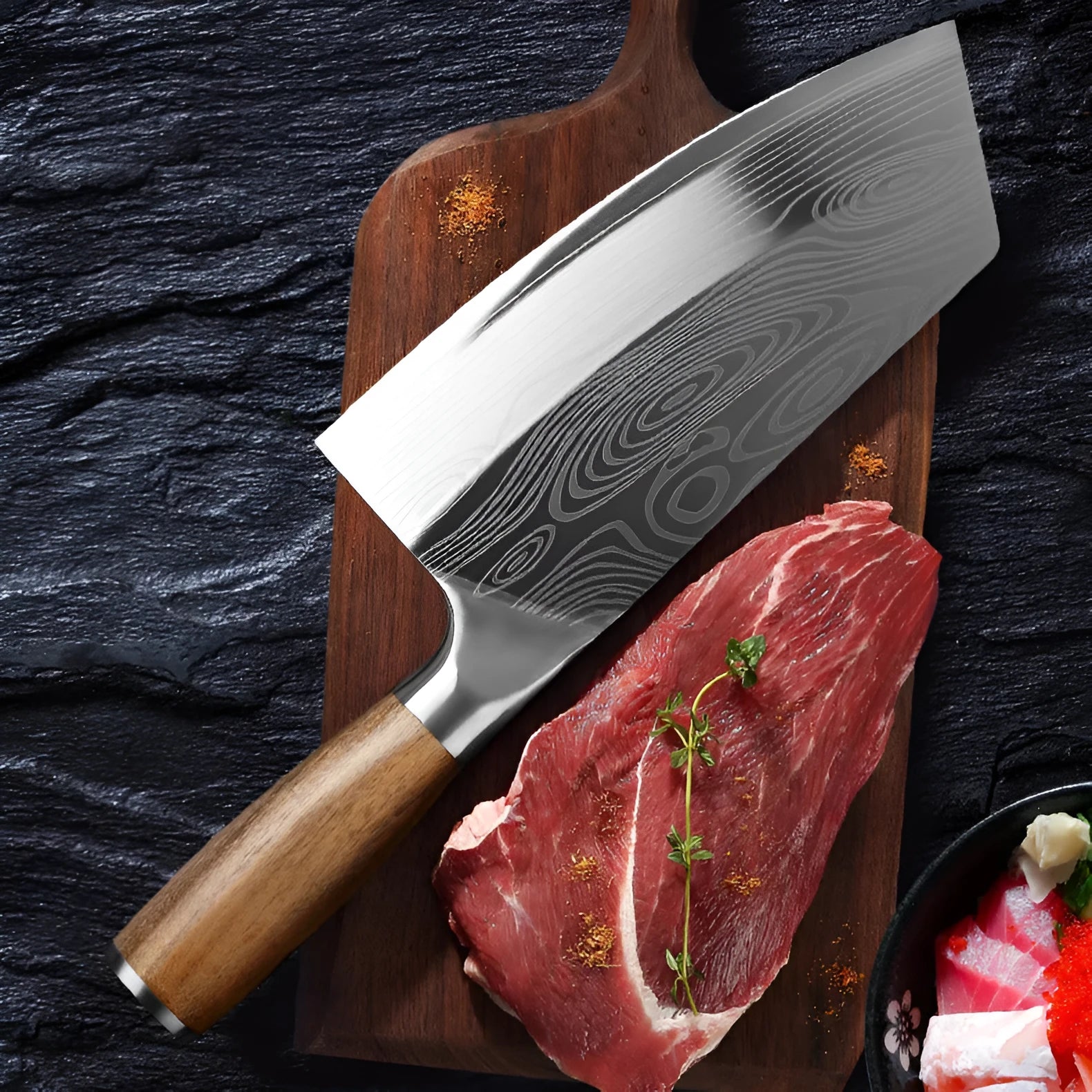 40cr13 forged stainless steel kitchen knife with a 320mm blade on a kitchen counter.