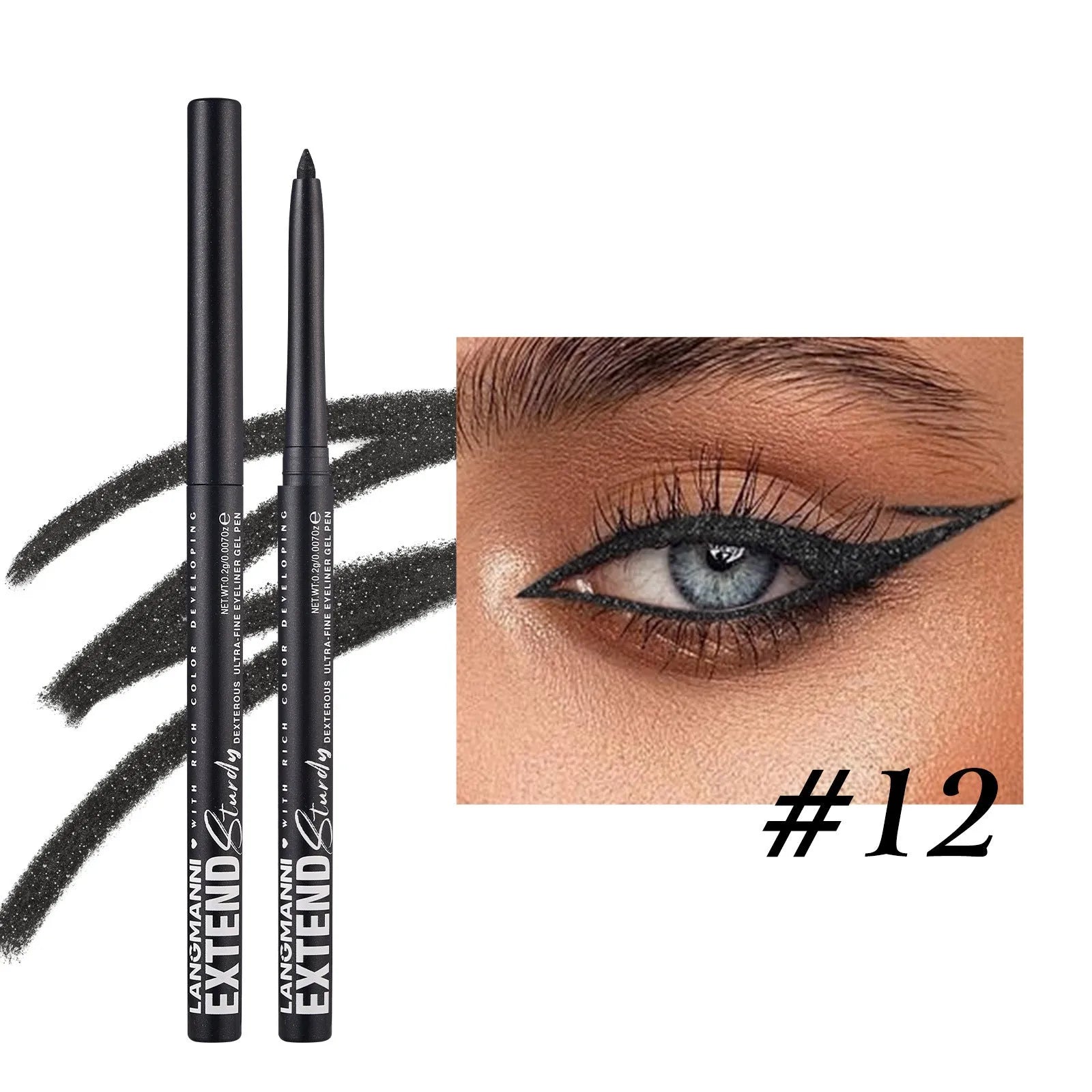 12 colourful gel glitter eyeliner pencils in vibrant shades with matte, glitter, metallic, and pearl effects