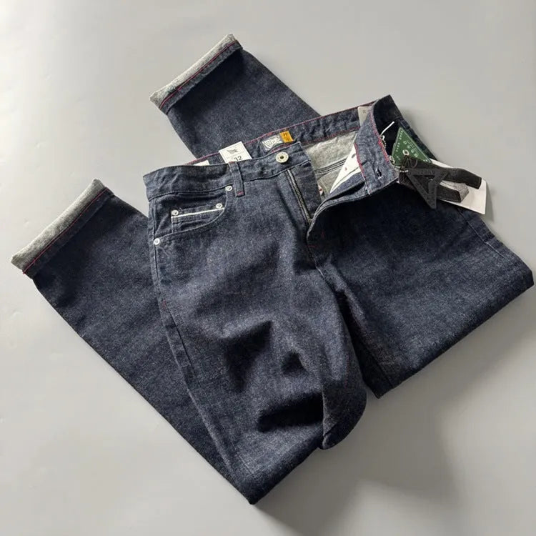 Men's straight leg denim trousers in primary colour with American retro styling and mid waist fit