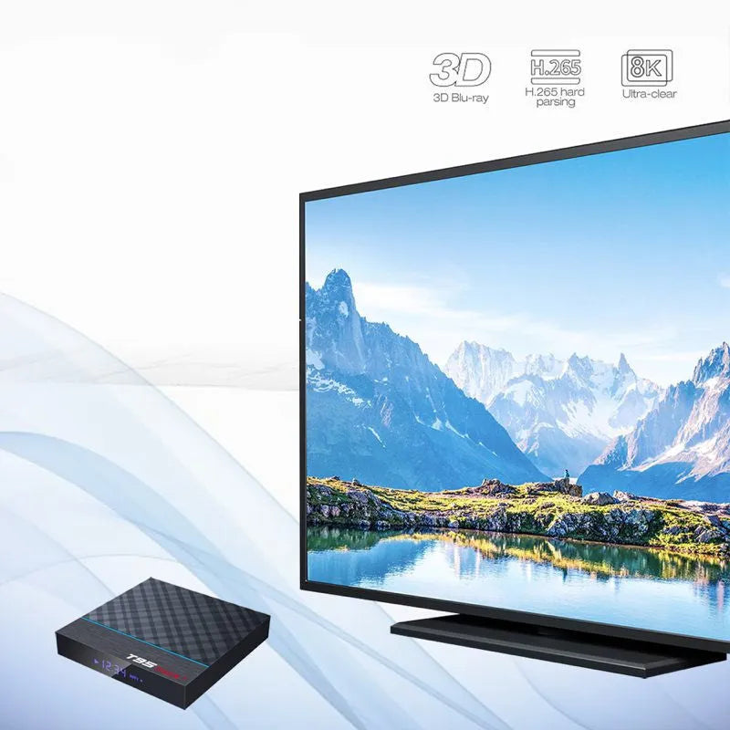 Black T95 Max Plus Android TV box with Amlogic S905X3 chip, showing rear ports and remote.
