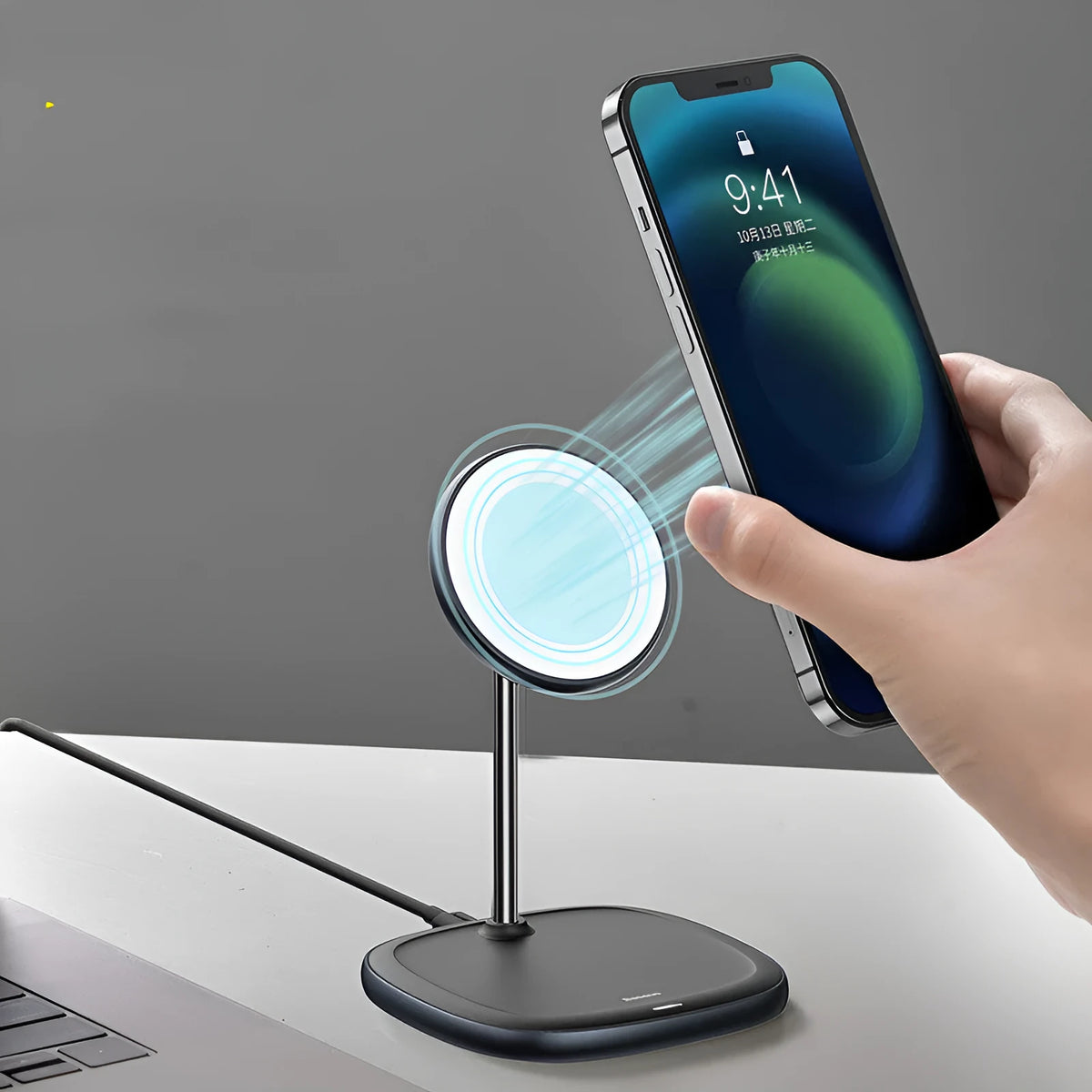 Apple magnetic wireless charging stand for iPhone 12 series in black colour with Type-C cable