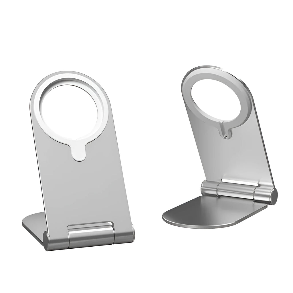 Silver vertical adjustable magnetic bracket for iPhone 12 mounted on dashboard