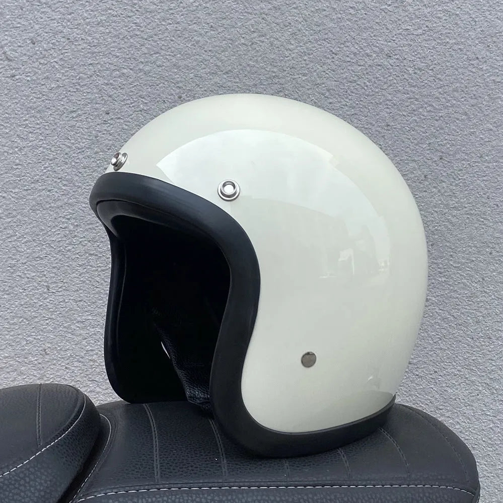 Retro style half motorcycle helmet in glass fibre construction for electric bike commuting