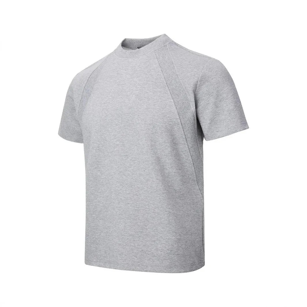 Loose grey short sleeve top with air layer stitching on a hanger.