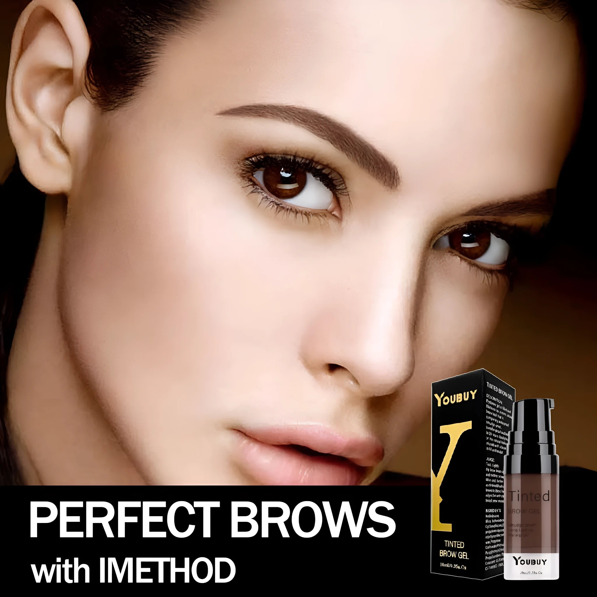 Waterproof brow cream tube in dark grey and golden yellow shades with applicator