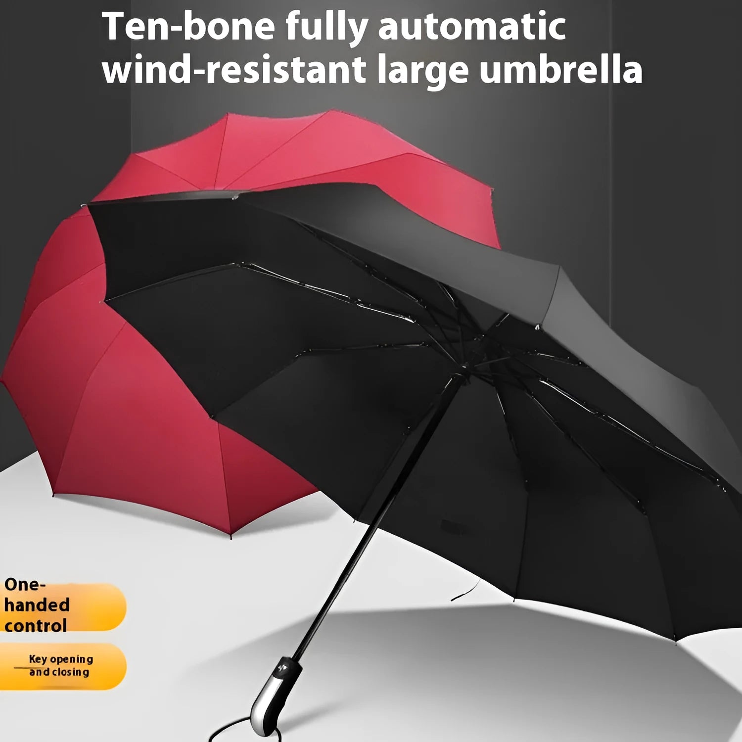 Triple folding automatic business umbrella in black with steel frame and rubber handle