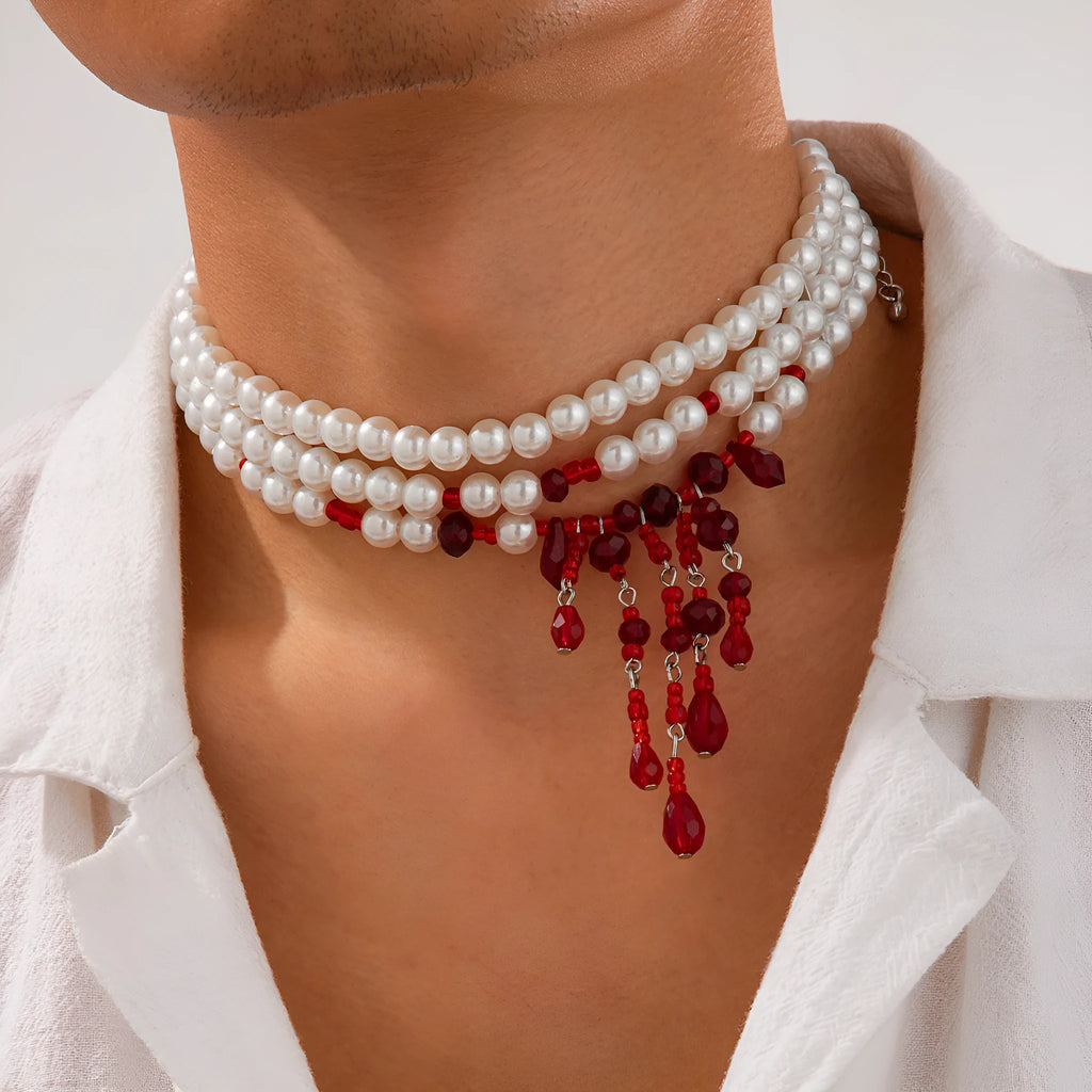 Men's Halloween blood drop tassel necklace with geometric crystal pendant and pearl elements on regular chain