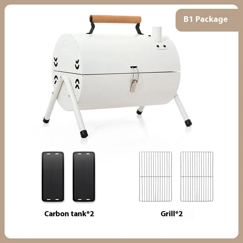 White portable folding charcoal grill with round chimney oven design and detachable carbon tanks