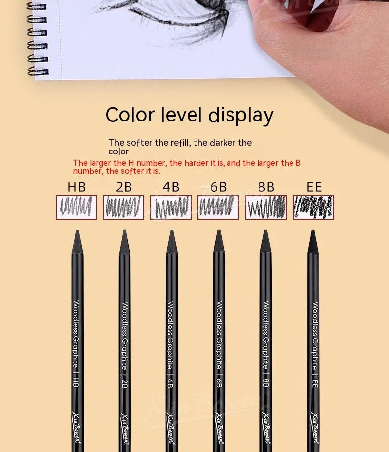 Set of six graphite sketching pencils in grades HB, 2B, 4B, 6B, 8B, and EE.