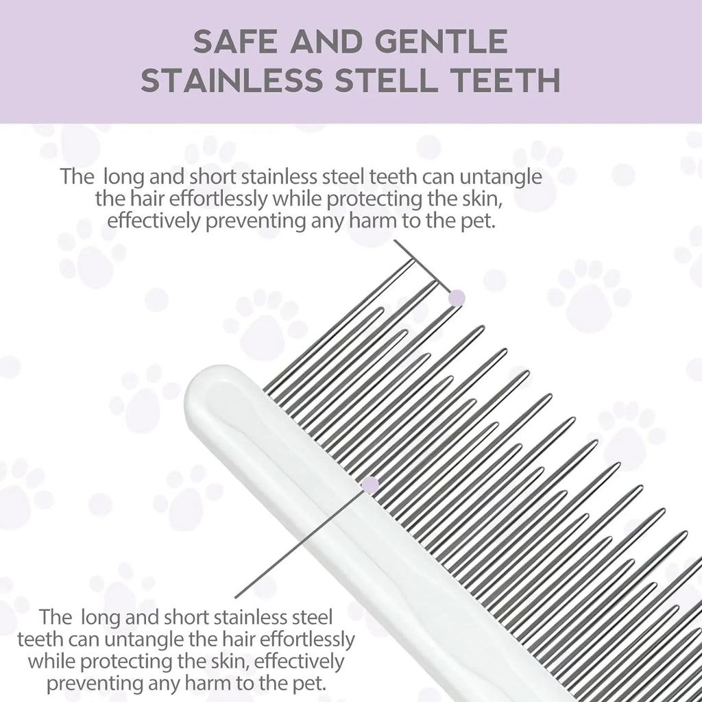Purple pet grooming comb with stainless steel teeth on white background showing long and short tooth design