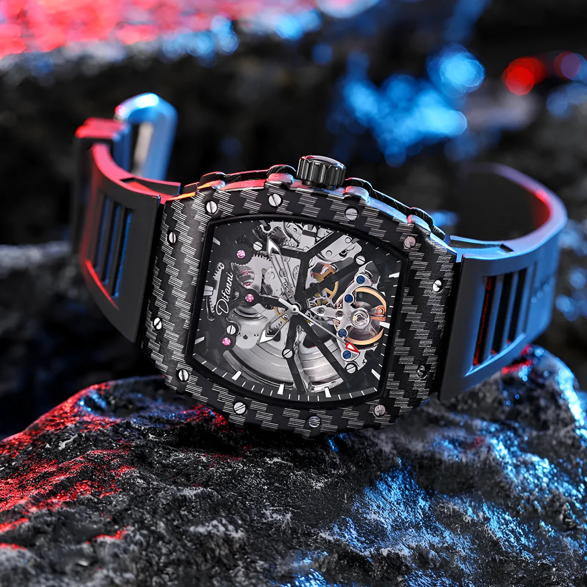 Mechanical men's watch with luminous dial, rubber strap, and stainless steel buckle showing time display
