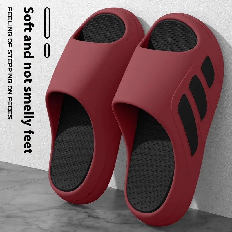Men's brown and two-tone EVA platform slippers for indoor home use on a plain background