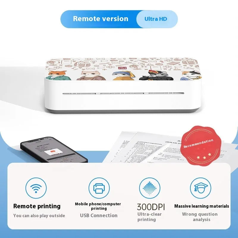 Small white plastic intelligent remote learning printer with thermal ribbon cartridge on a desk.