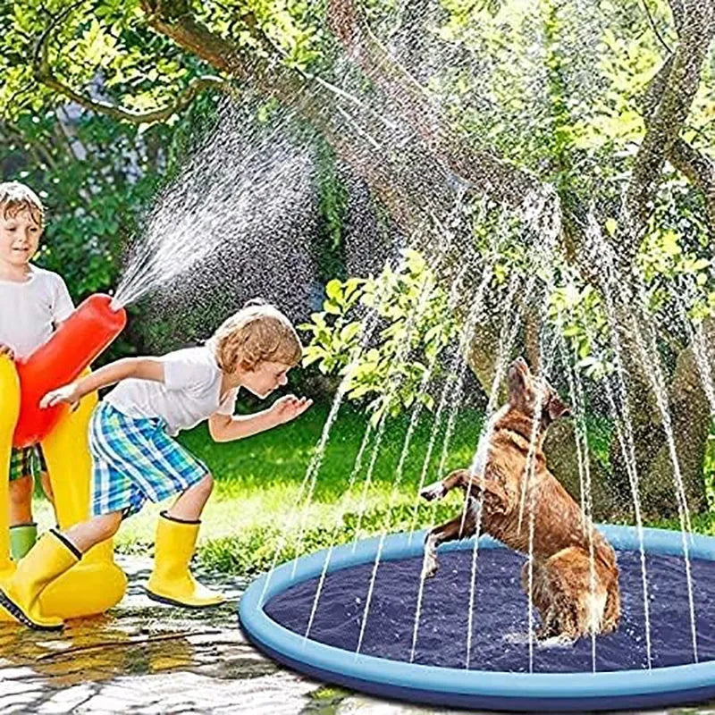 Inflatable blue dog pool mat with anti-slip surface, showing three size options: 100cm, 150cm, and 170cm diameter.