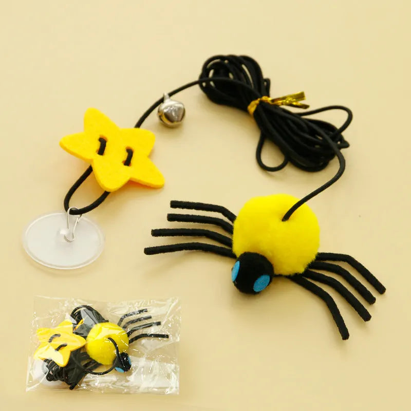 Hanging door cat toy with elastic rope, colourful feather wand, swinging spider decoration and small bell