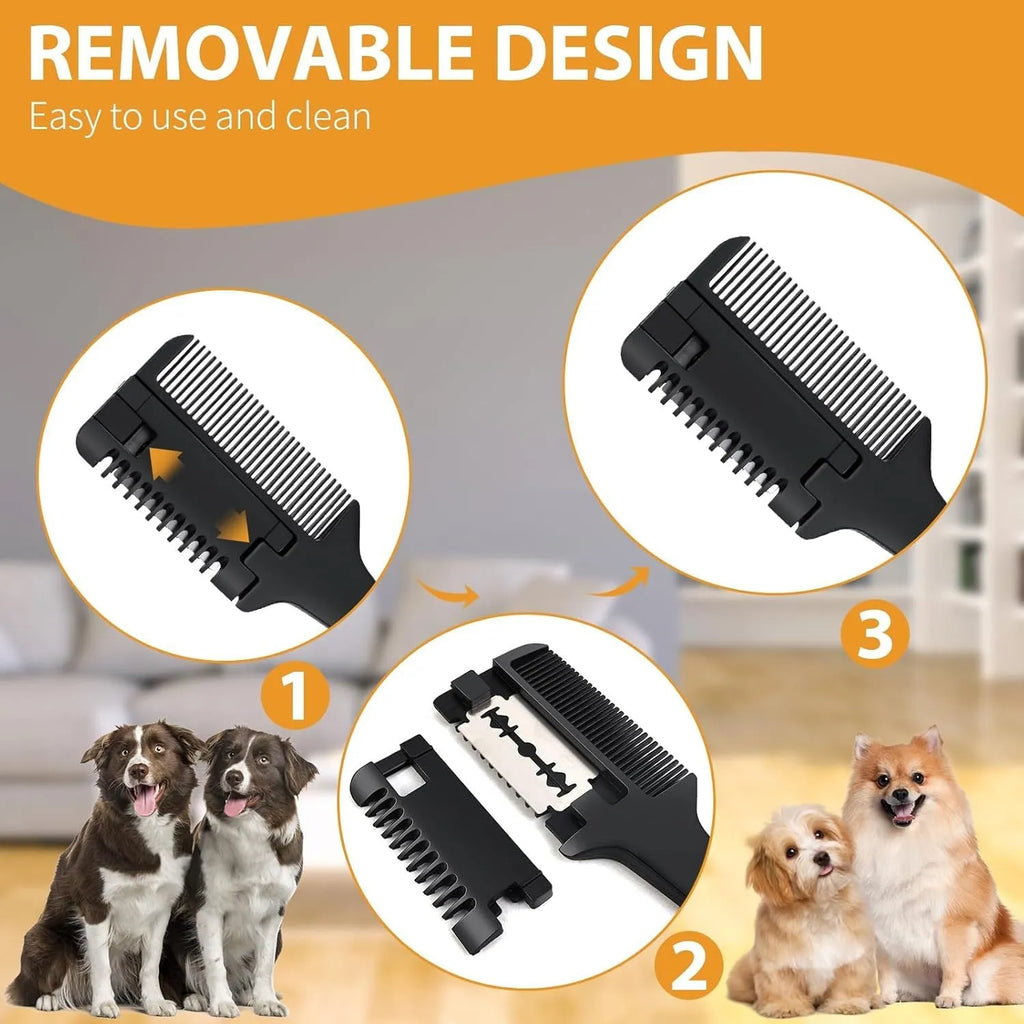 Pet razor comb grooming tool with replacement blades for dogs and cats