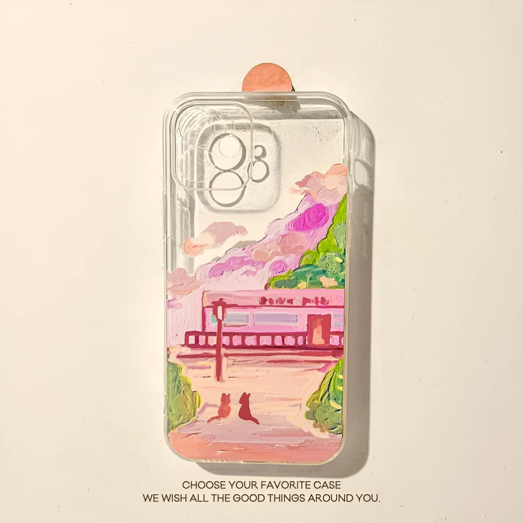 White silicone iPhone case with a colourful cartoon illustration of two cats on the back.