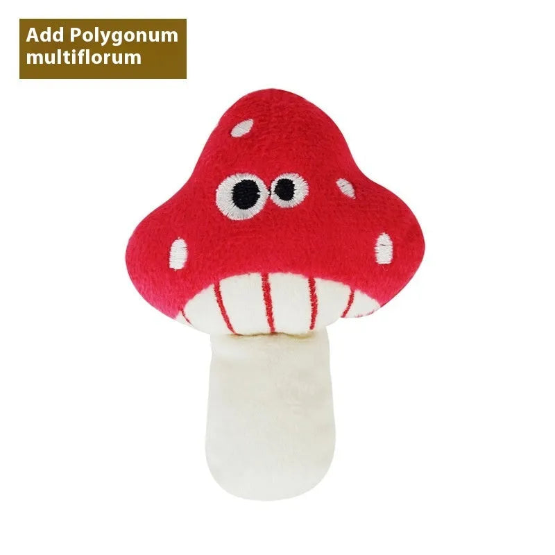 Six catnip plush toys shaped like burrito, cone, cucumber, mushroom, pineapple, and pizza for feline chewing play