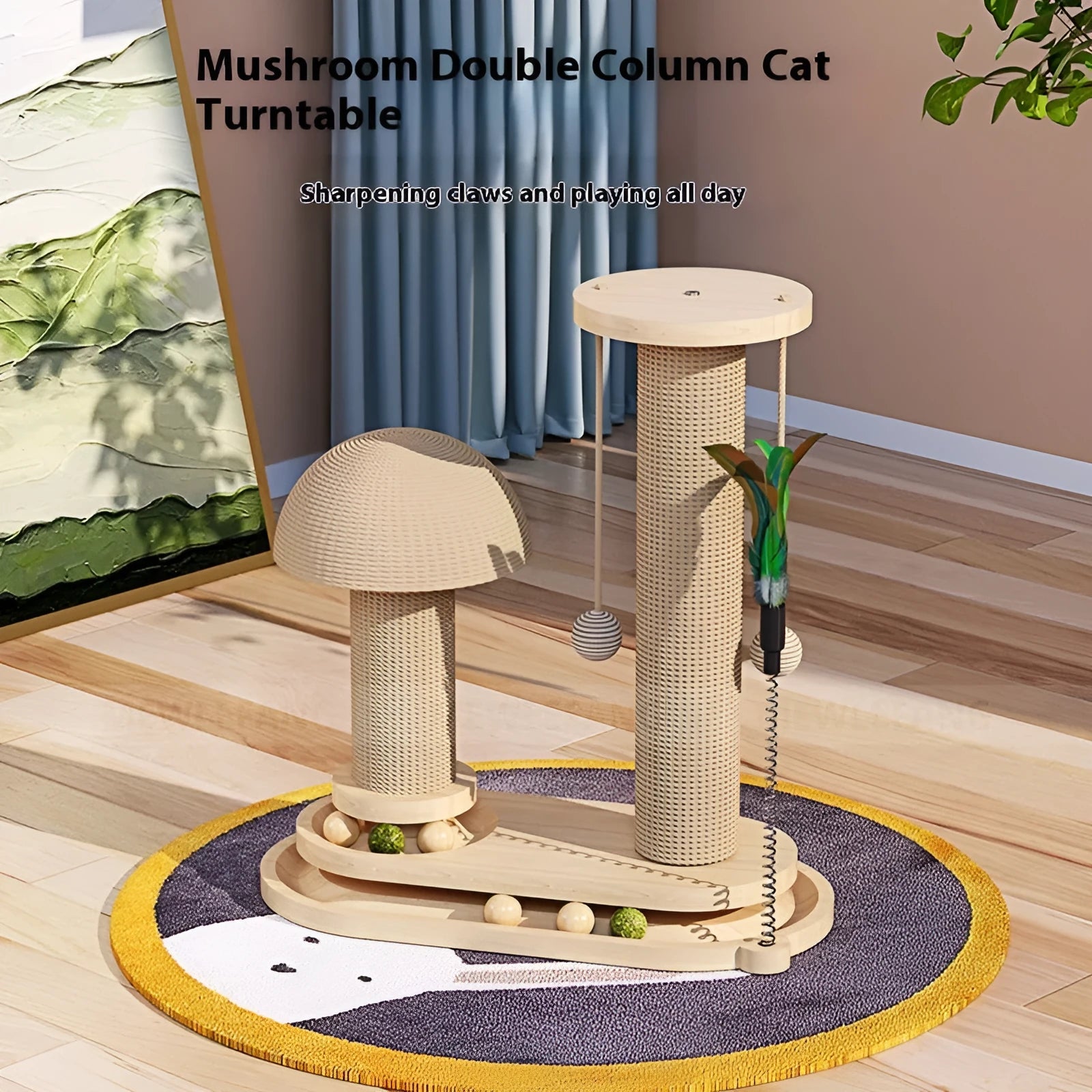 Solid wood cat scratching post climbing frame with interactive turntable in various style options