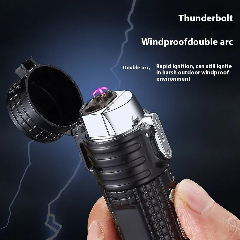 TH727 multifunction metal flashlight lighter in camouflage colour showing LED light, plasma arc, and knife.