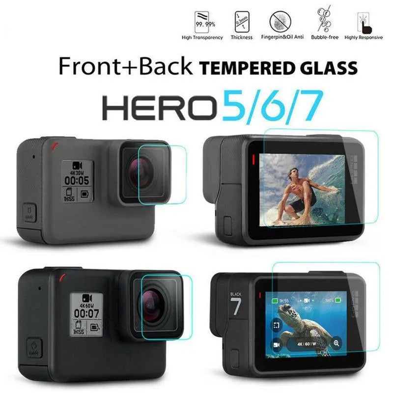 Transparent 9H tempered glass screen and lens protector films for GoPro Hero 5, 6, 7 cameras.