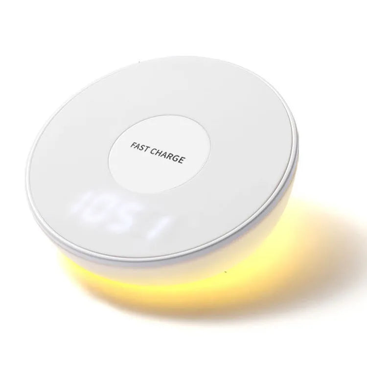 White wireless charging pad with clock display and alarm functions for smartphone bedside charging