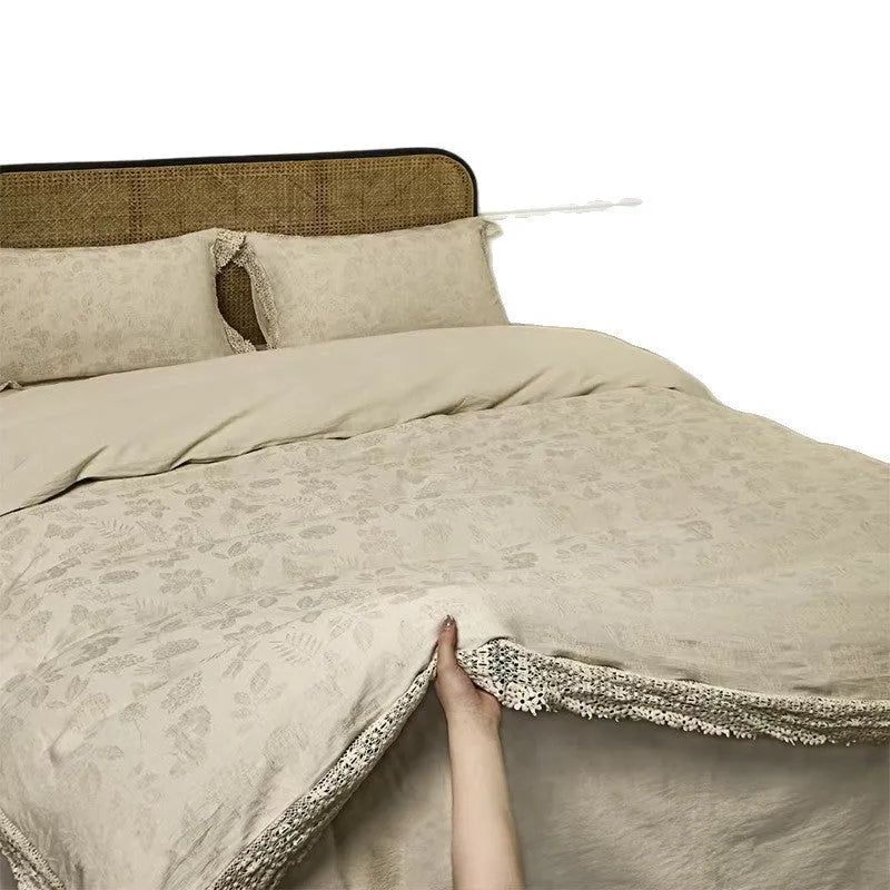 Cotton linen jacquard four-piece bed sheet set with solid colour, lace trim and 48x74 cm pillowcase