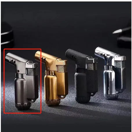 HB805-1 full metal windproof lighter in black gold grey silver colours showing compact 72mm size