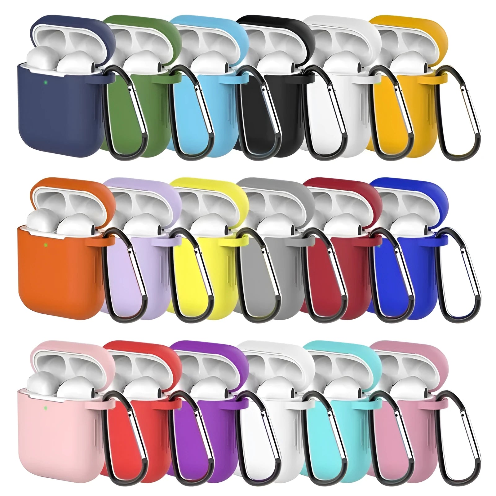 Liquid silicone clamshell cover for Apple AirPods showing colour options including black, blue, purple, green, and yellow