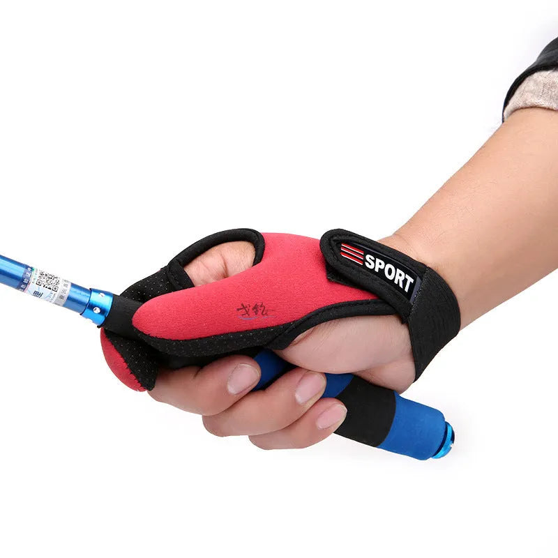 A single two-finger fishing glove showing the blue diving cloth back and light grey microfibre palm.