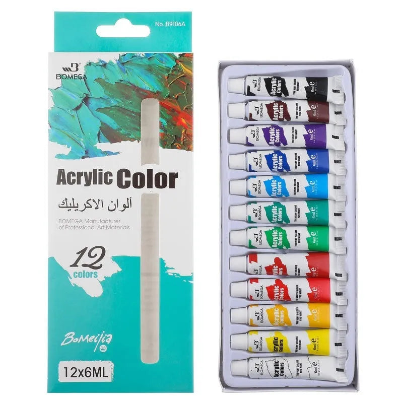 Strip of twelve tubes of artist's paint for acrylic, gouache, watercolour, oil, glass, and textile mediums
