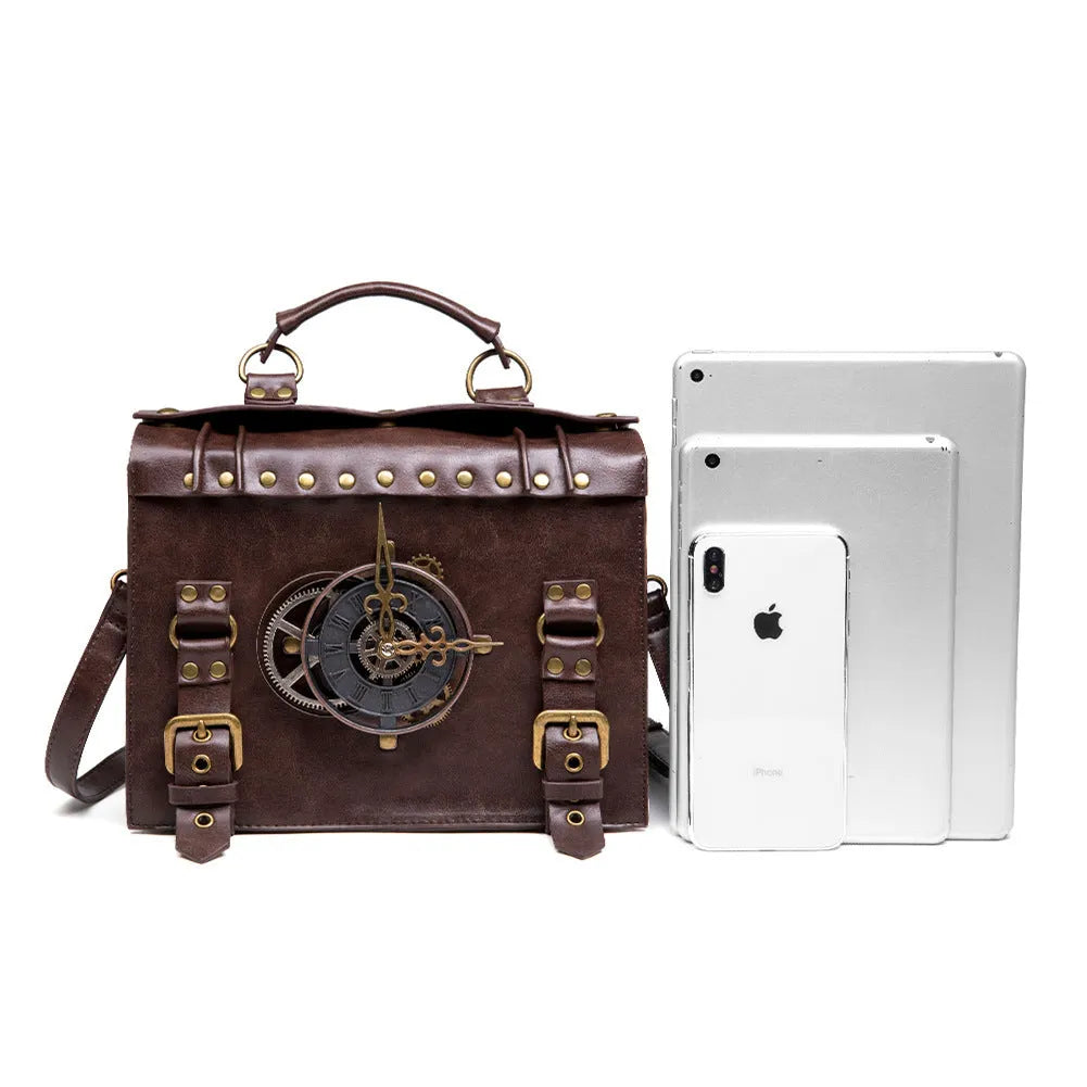 Bronze steampunk industrial retro shoulder bag with metal hardware on horizontal square pillow shape