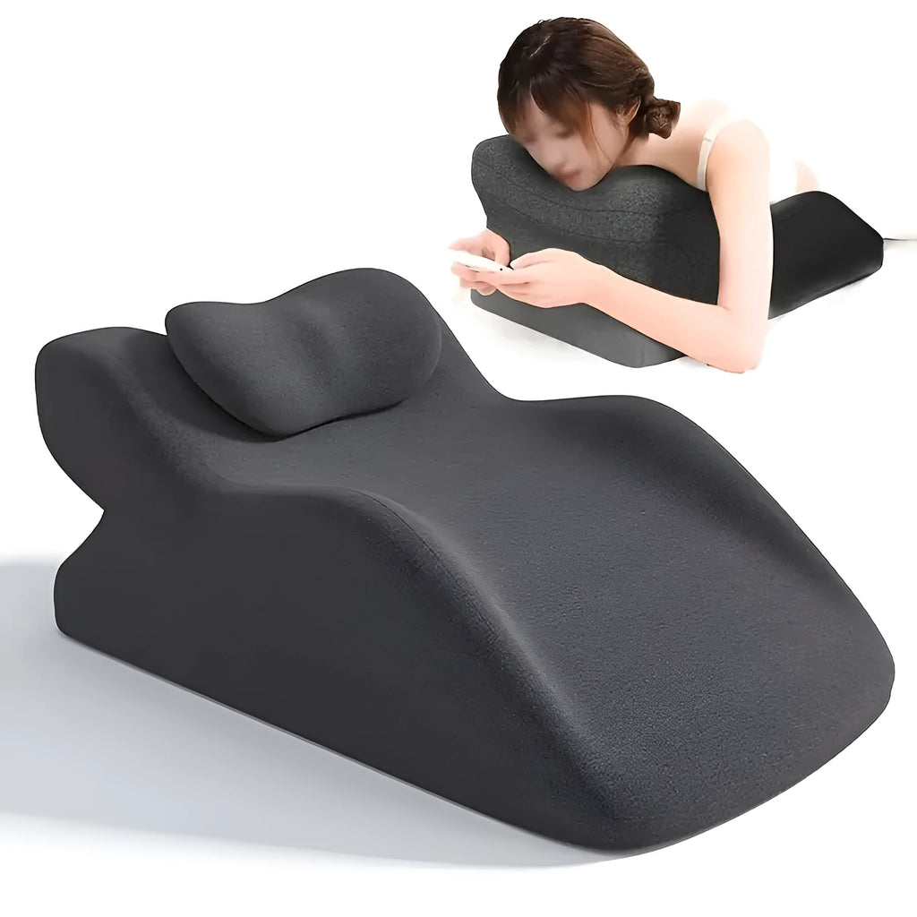 Stomach sleeper pillow with a centre hole, shown in blue, dark grey, green, and light grey colour options.