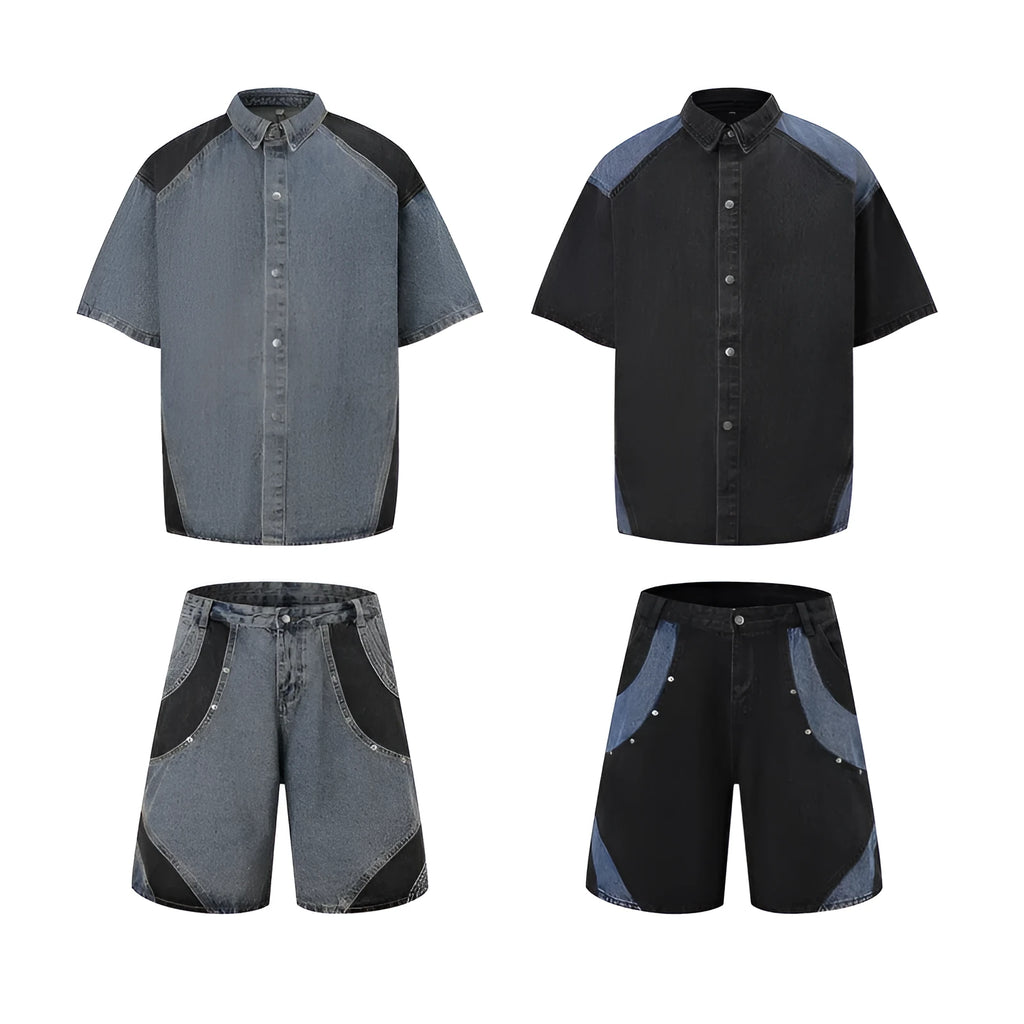 Retro washed denim short-sleeved jacket and trousers suit set in black colour
