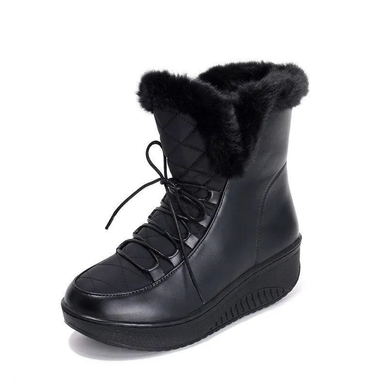 Women's black PU leather winter boots with 3cm platform sole and lace-up closure