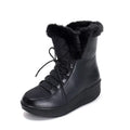 Women's black PU leather winter boots with 3cm platform sole and lace-up closure