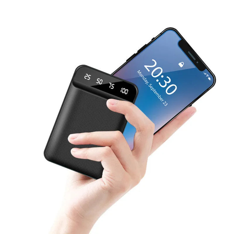 Compact mini power bank in black, blue, pink, or white with multiple USB ports