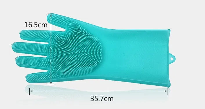 Blue silicone cleaning gloves with textured scrubbing surface on palms for washing dishes