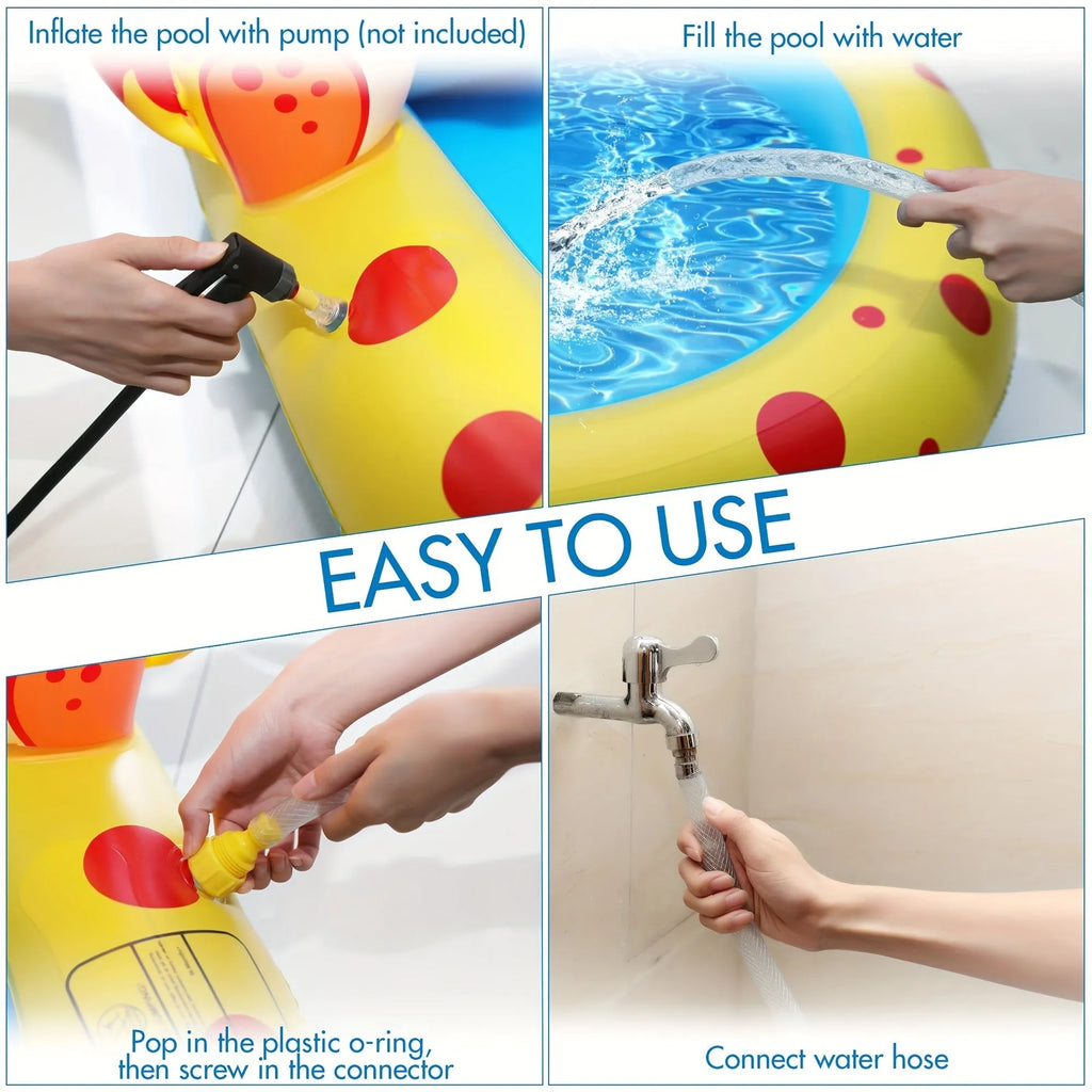 Blue dinosaur-shaped inflatable water spray pool for kids outdoor play
