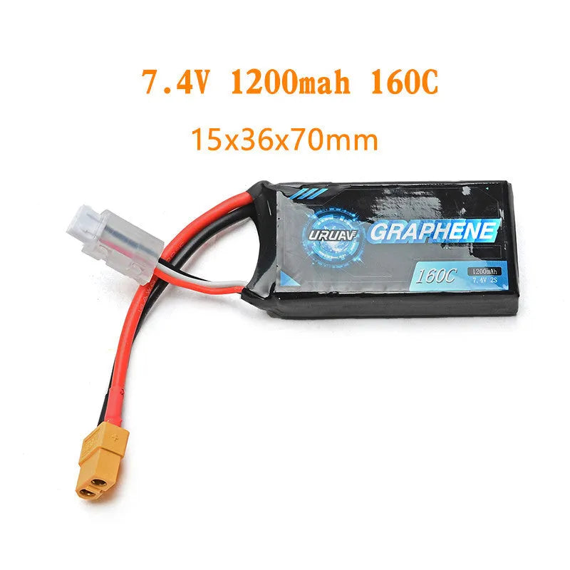 7.4V 1200mAh lithium battery for RC model cars and boats measuring 15x36x70mm