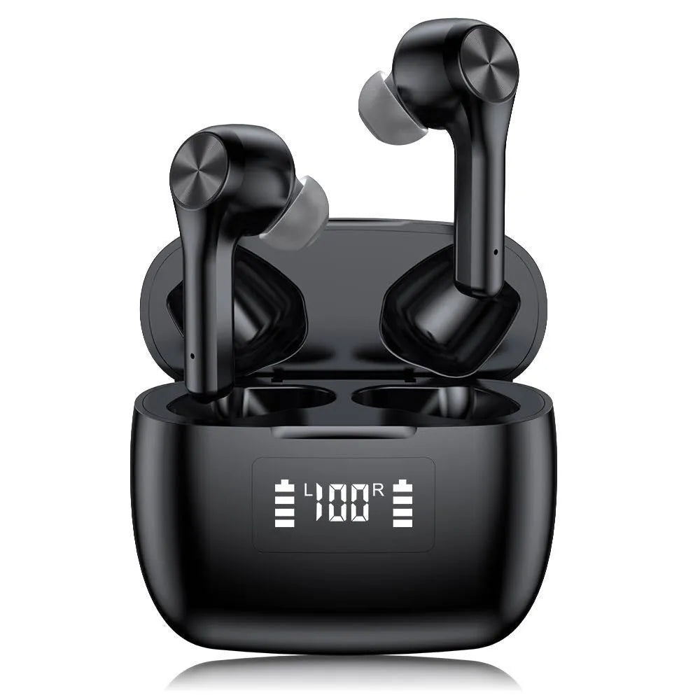 Touch control wireless Bluetooth earphones in cool black colour with charging case