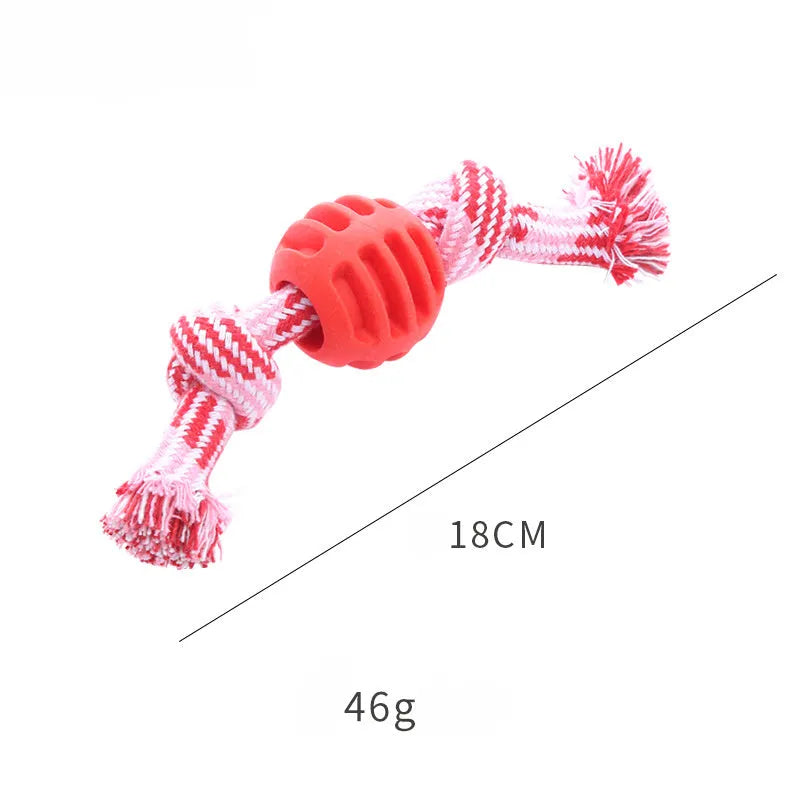 Blue soft dog chew toy with molar-shaped textured head and integrated knotted rope for dental care.