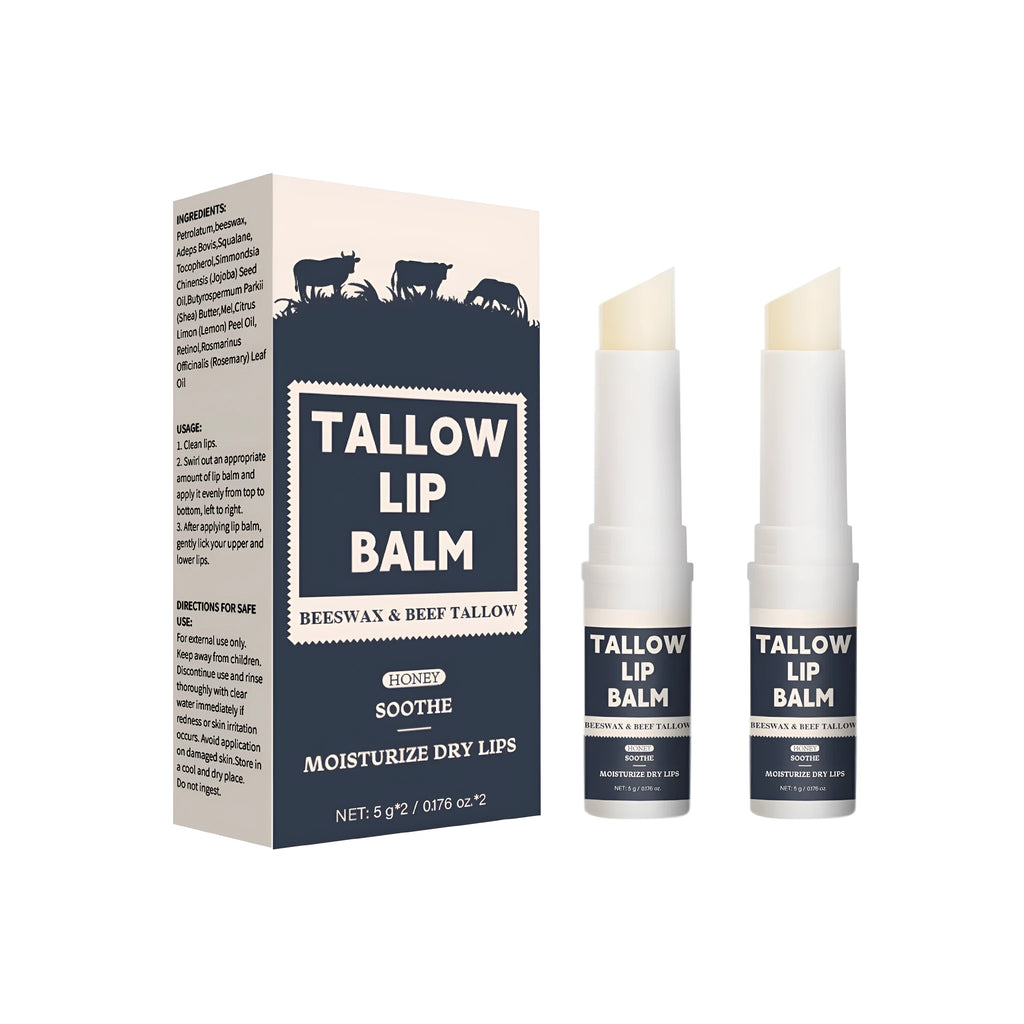 Two standard size beef fat lip balms with light grain texture for moisturising lips.