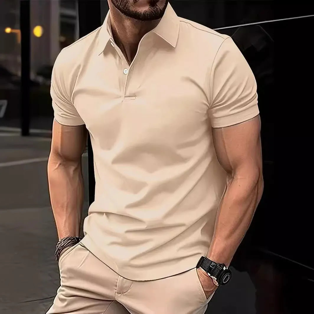 Men's slim fit solid colour short sleeve button shirt on a hanger