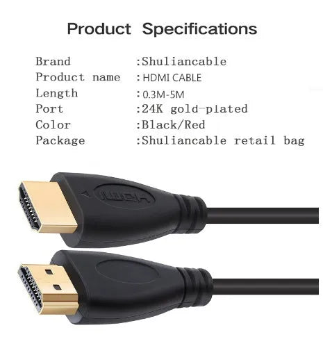 Gold plated HDMI cable with male connectors on both ends, available in multiple lengths.