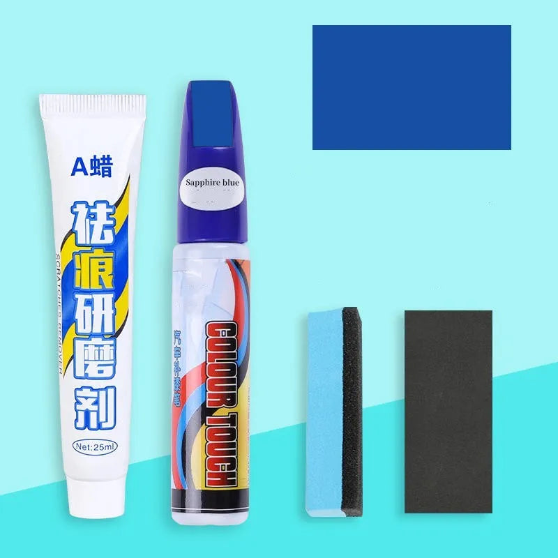 Automotive paint repair pen kit with touch-up paint, rubbing compound, sponge applicator, and sandpaper for car scratch repair