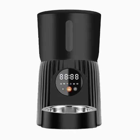 Black and white automatic pet feeder with food storage hopper and USB power connection