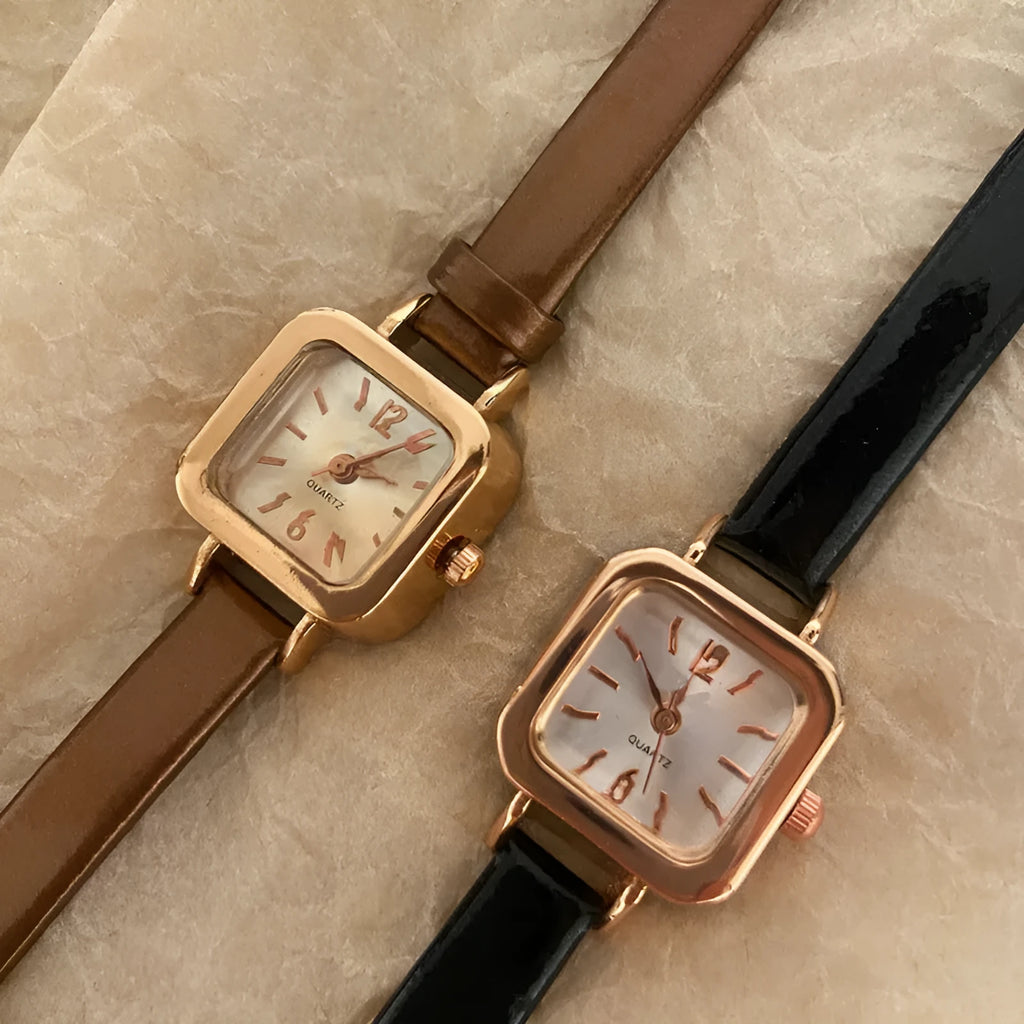 Women's fashion watch with alloy case in black, white, pink, or brown colours showing 10mm thickness profile