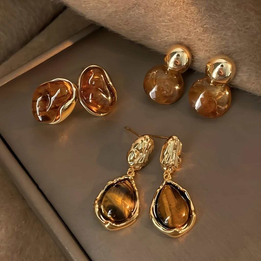 Handmade alloy geometric ear rings with electroplating in Maillard Amber and Tigereye styles featuring tassel details